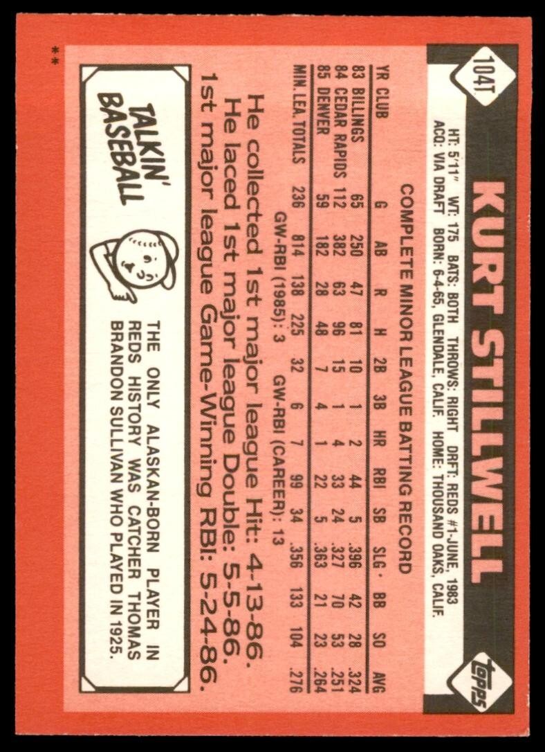 1986 TOPPS TRADED KURT STILLWELL . CINCINNATI REDS #104T