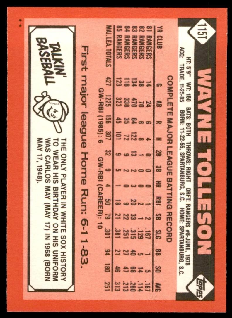 1986 TOPPS TRADED WAYNE TOLLESON . CHICAGO WHITE SOX #115T