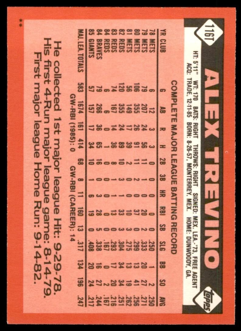 1986 TOPPS TRADED ALEX TREVINO . LOS ANGELES DODGERS #116T
