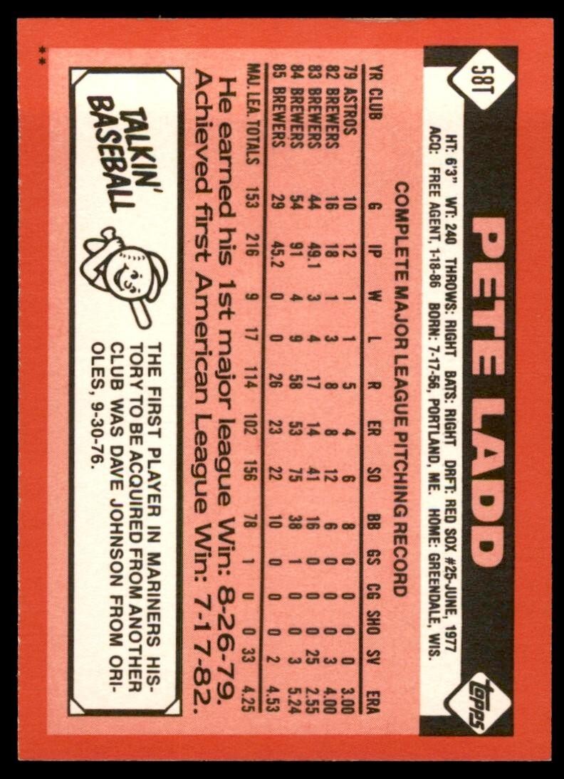 1986 TOPPS TRADED PETE LADD . SEATTLE MARINERS #58T