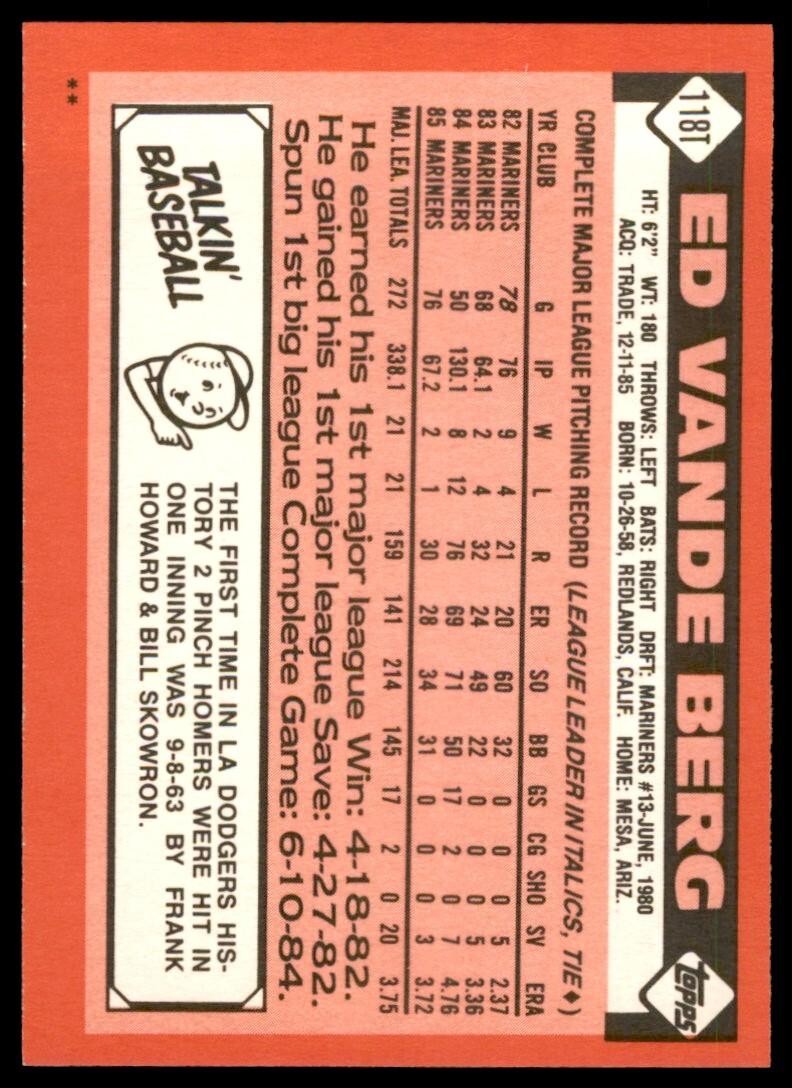 1986 TOPPS TRADED ED VANDE BERG . LOS ANGELES DODGERS #118T