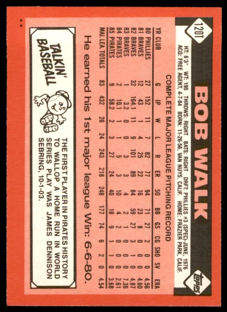 1986 TOPPS TRADED BOB WALK . PITTSBURGH PIRATES #120T