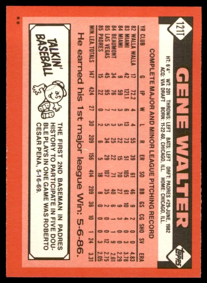 1986 TOPPS TRADED GENE WALTER . SAN DIEGO PADRES #121T