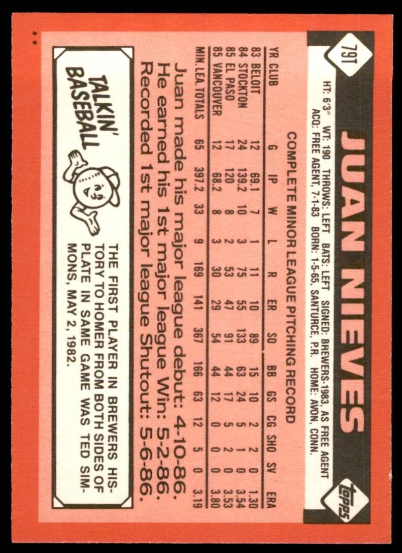 1986 TOPPS TRADED JUAN NIEVES . MILWAUKEE BREWERS #79T