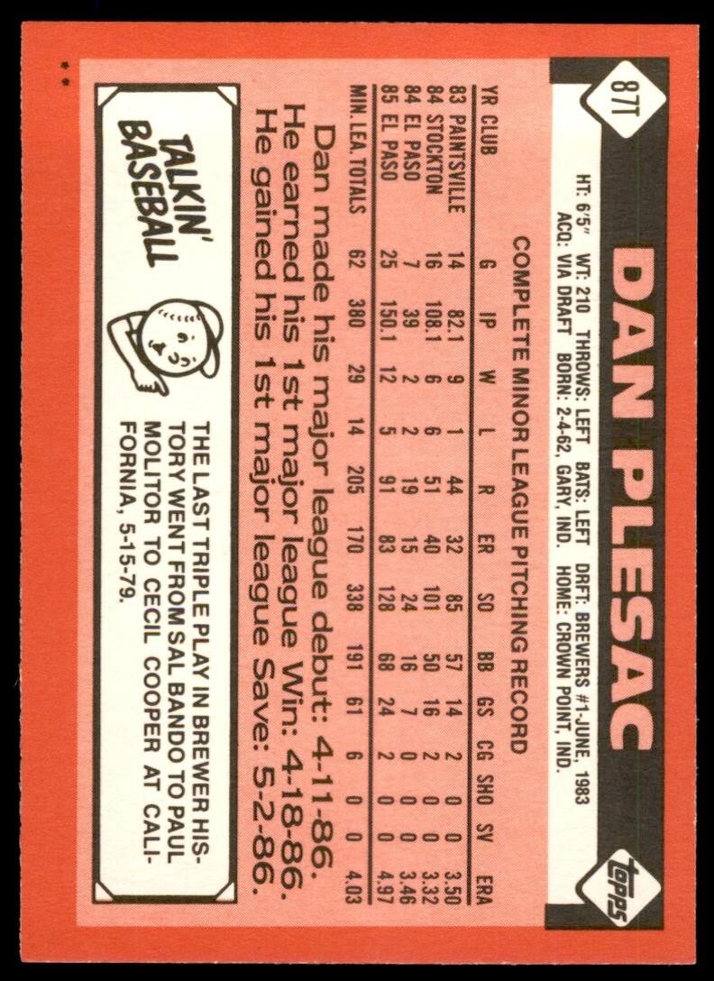 1986 TOPPS TRADED DAN PLESAC . MILWAUKEE BREWERS #87T