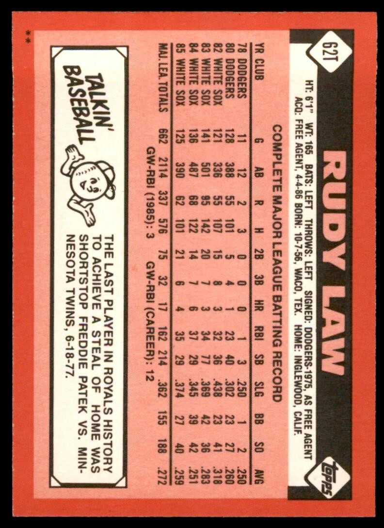 1986 TOPPS TRADED RUDY LAW . KANSAS CITY ROYALS #62T