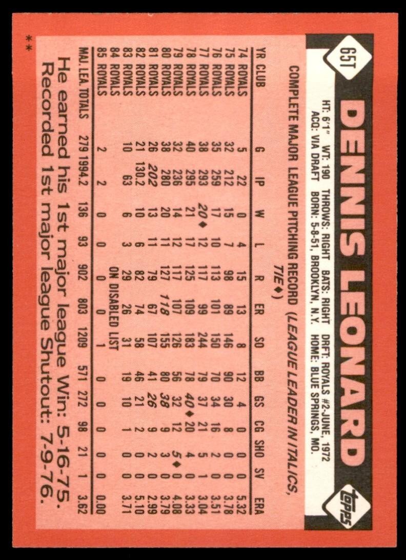 1986 TOPPS TRADED DENNIS LEONARD . KANSAS CITY ROYALS #65T
