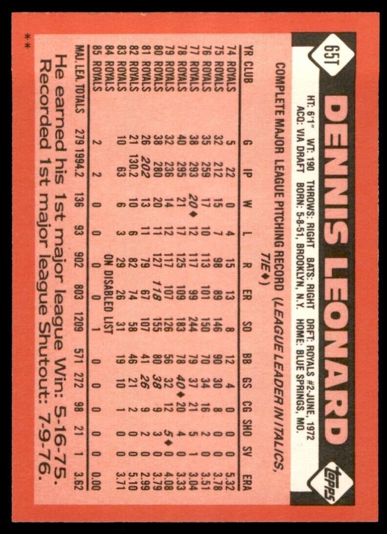 1986 TOPPS TRADED DENNIS LEONARD . KANSAS CITY ROYALS #65T