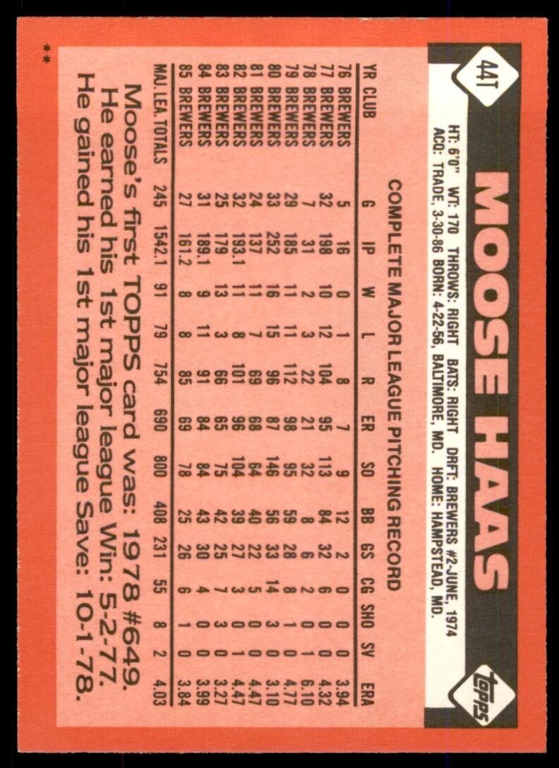 1986 TOPPS TRADED MOOSE HAAS . OAKLAND ATHLETICS #44T