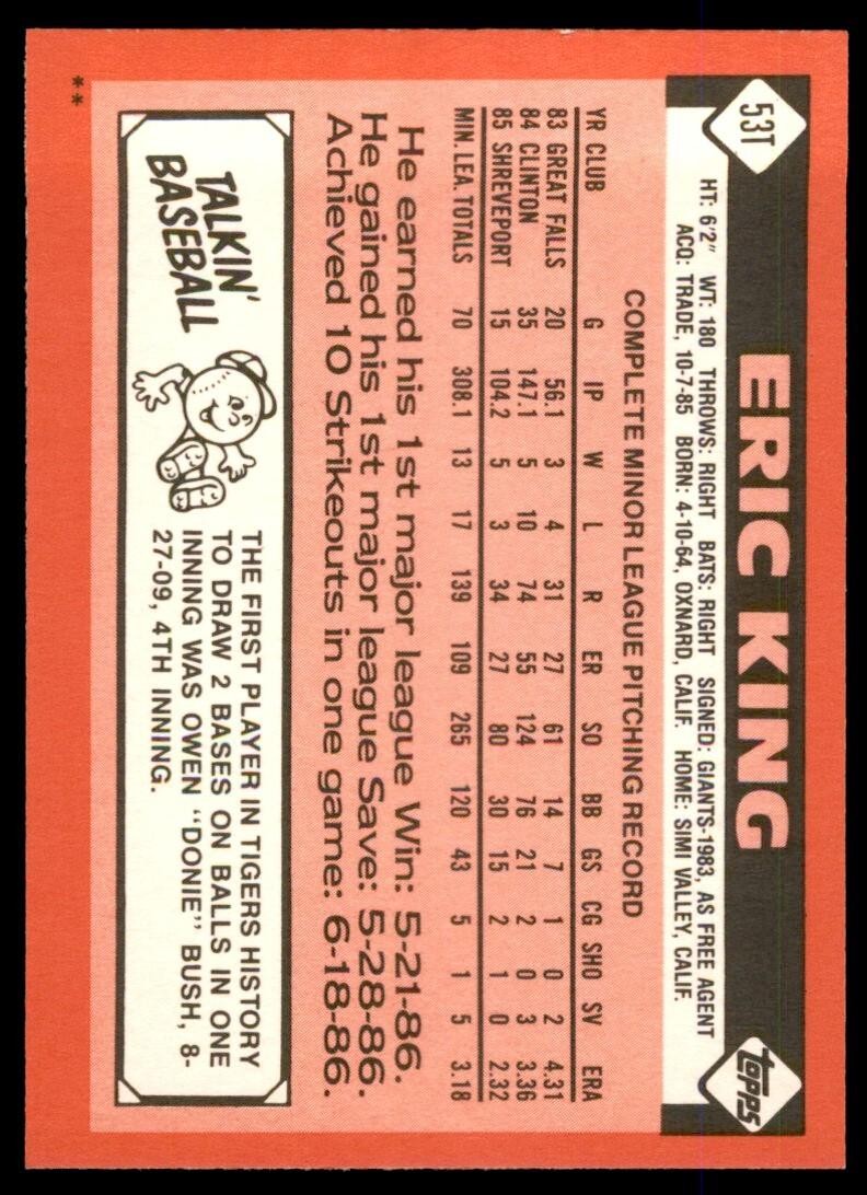 1986 TOPPS TRADED ERIC KING . DETROIT TIGERS #53T