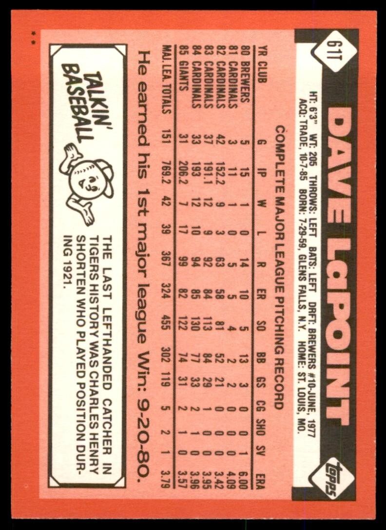 1986 TOPPS TRADED DAVE LAPOINT . DETROIT TIGERS #61T