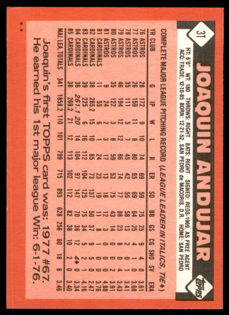 1986 TOPPS TRADED JOAQUIN ANDUJAR . OAKLAND ATHLETICS #3T