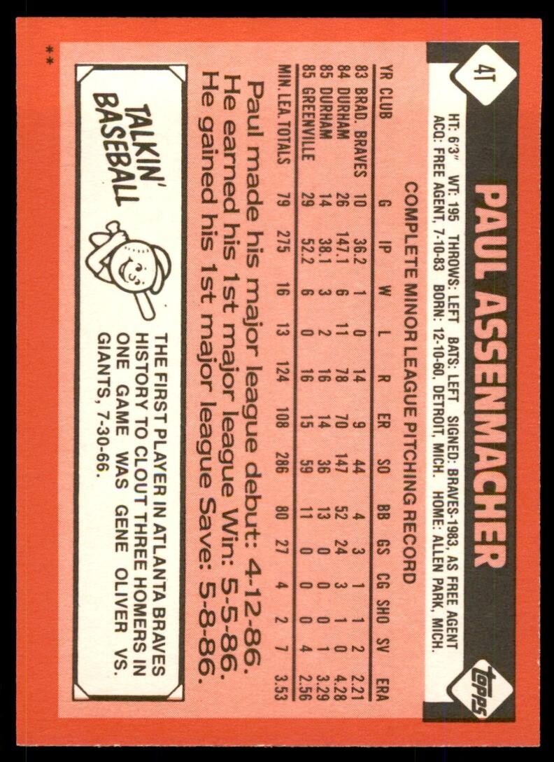 1986 TOPPS TRADED PAUL ASSENMACHER . ATLANTA BRAVES #4T