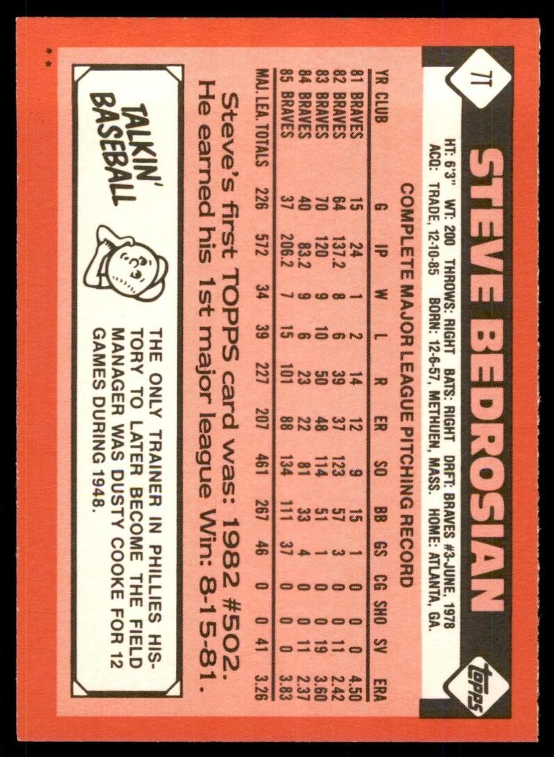 1986 TOPPS TRADED STEVE BEDROSIAN . PHILADELPHIA PHILLIES #7T
