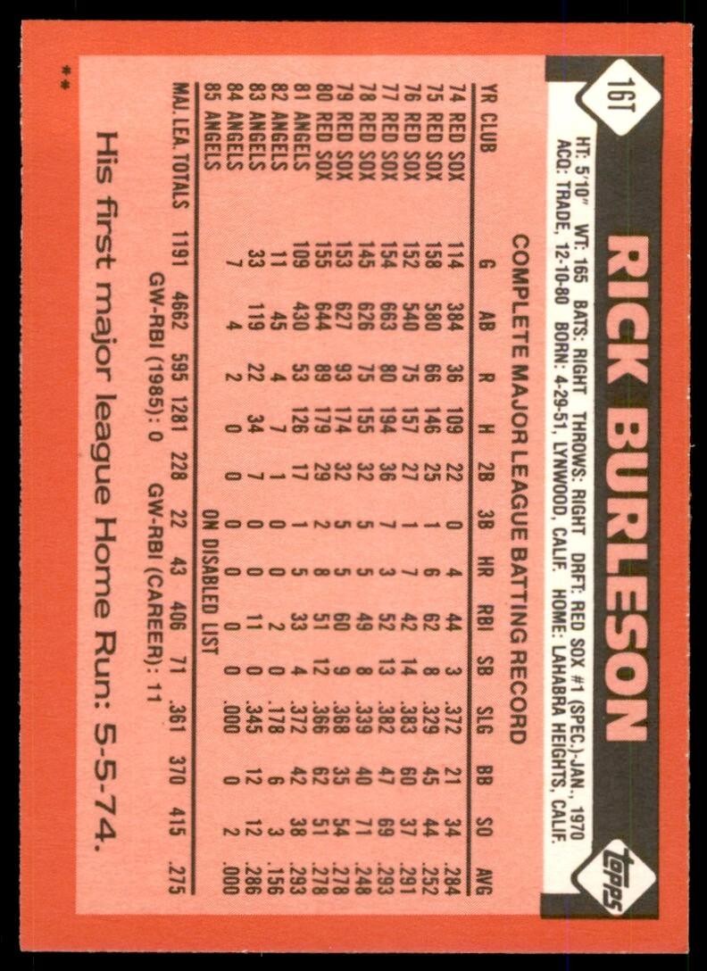 1986 TOPPS TRADED RICK BURLESON . CALIFORNIA ANGELS #16T