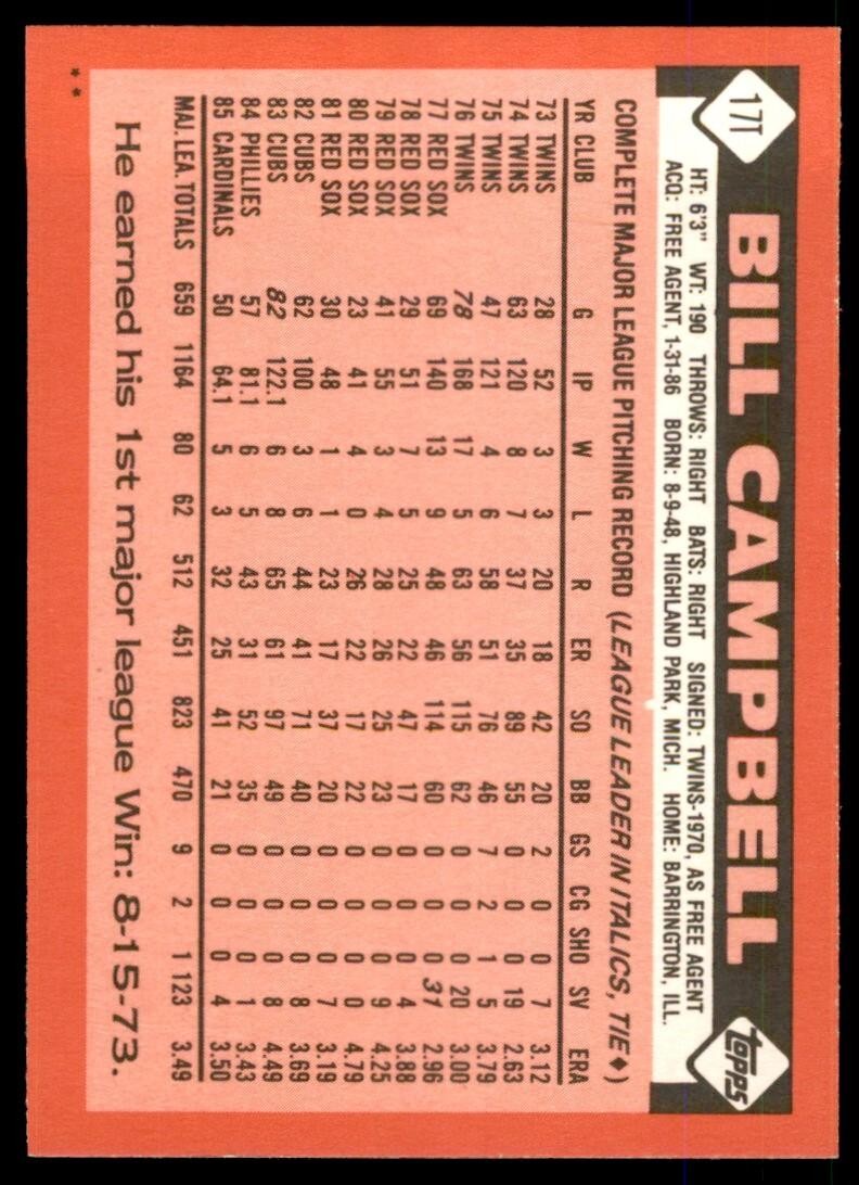 1986 TOPPS TRADED BILL CAMPBELL . DETROIT TIGERS #17T