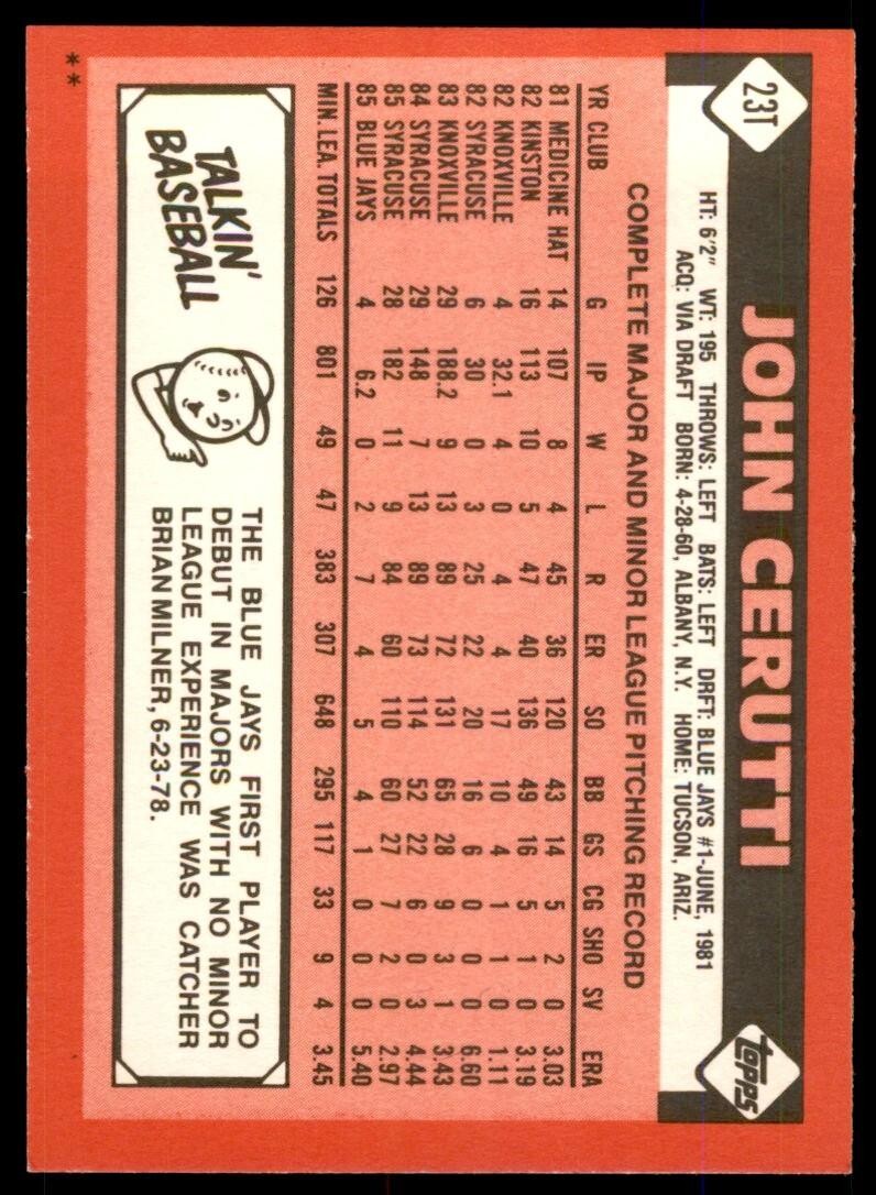 1986 TOPPS TRADED JOHN CERUTTI . TORONTO BLUE JAYS #23T