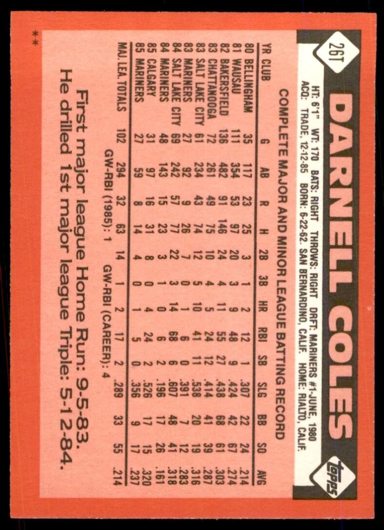 1986 TOPPS TRADED DARNELL COLES . DETROIT TIGERS #26T