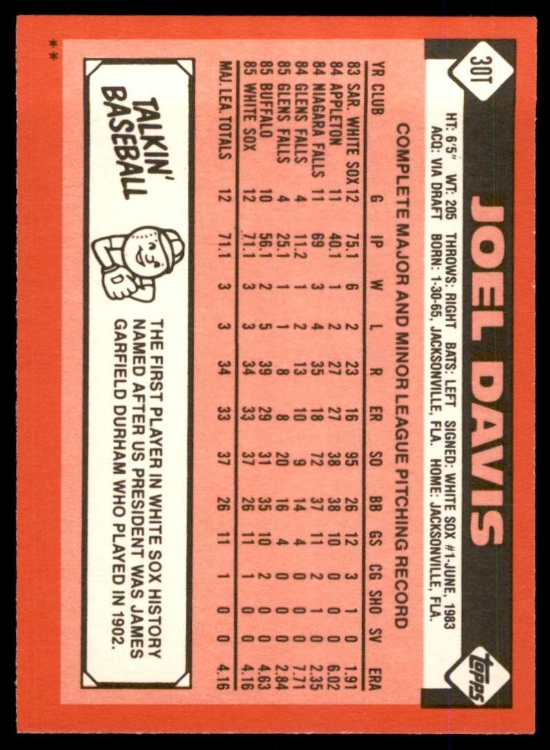 1986 TOPPS TRADED JOEL DAVIS . CHICAGO WHITE SOX #30T