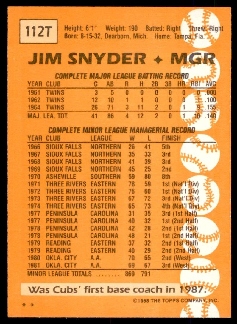 1988 TOPPS TRADED JIM SNYDER . SEATTLE MARINERS #112T