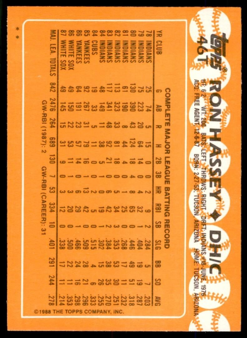 1988 TOPPS TRADED RON HASSEY . OAKLAND ATHLETICS #46T