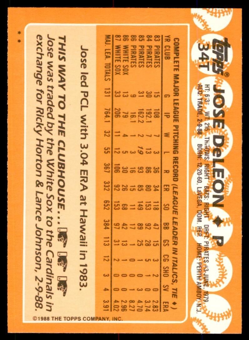 1988 TOPPS TRADED JOSE DELEON . ST. LOUIS CARDINALS #34T