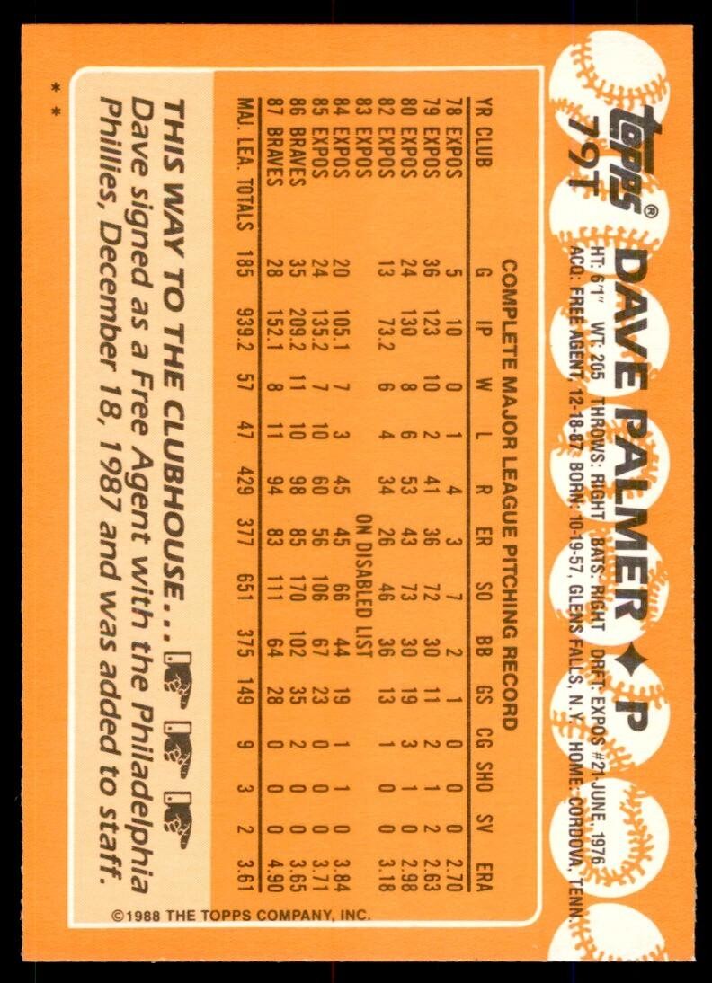 1988 TOPPS TRADED DAVID PALMER . PHILADELPHIA PHILLIES #79T