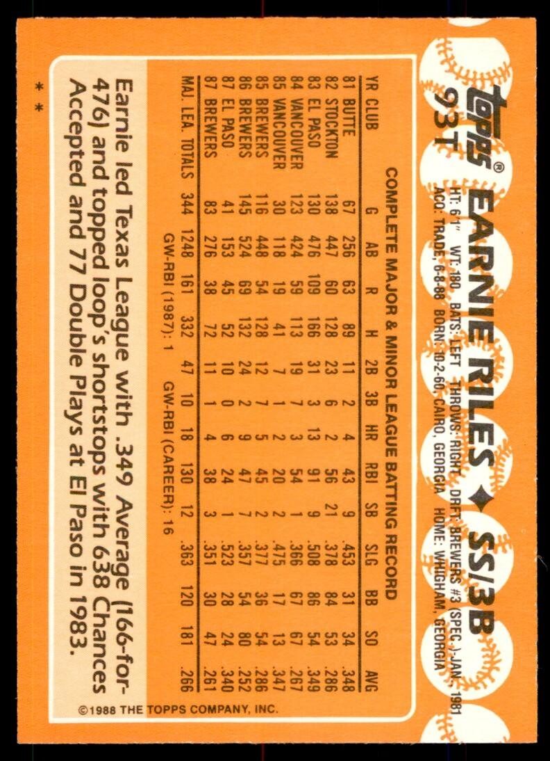 1988 TOPPS TRADED EARNIE RILES . SAN FRANCISCO GIANTS #93T