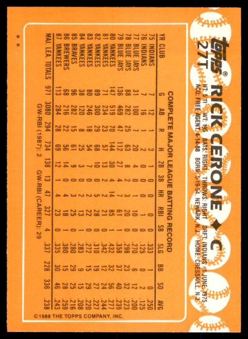 1988 TOPPS TRADED RICK CERONE . BOSTON RED SOX #27T