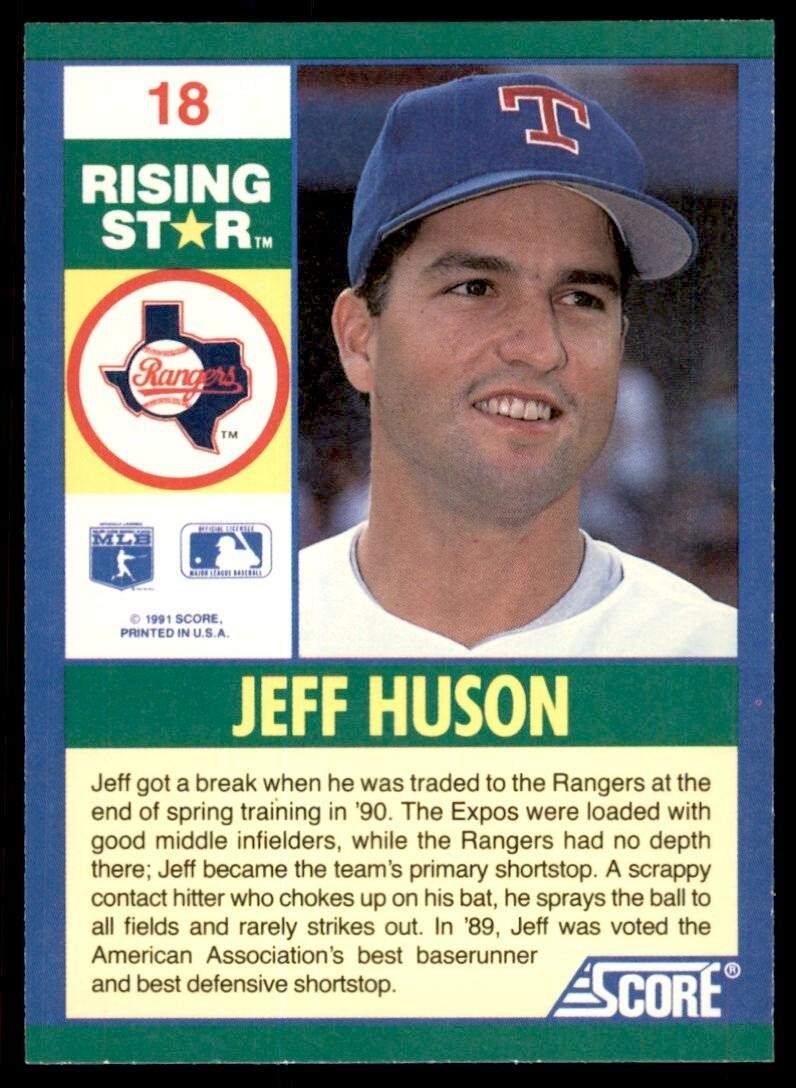 1991 SCORE 100 RISING STARS JEFF HUSON . TEXAS RANGERS #18