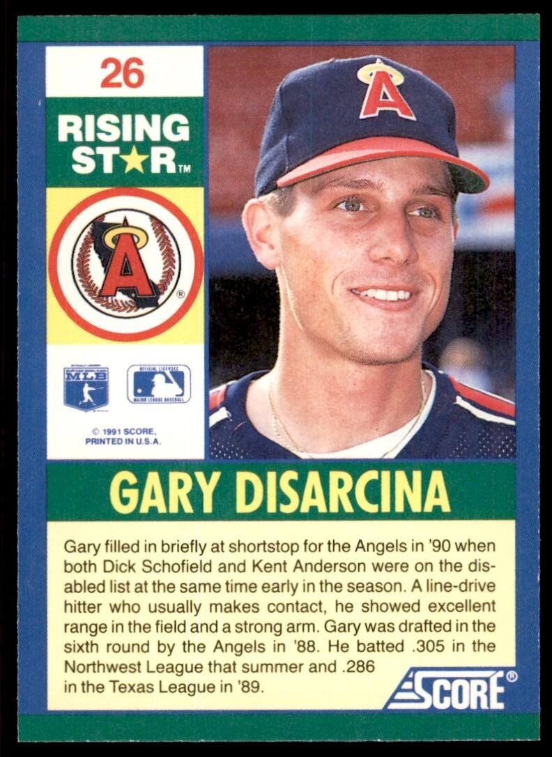 1991 SCORE 100 RISING STARS GARY DISARCINA . CALIFORNIA ANGELS #26