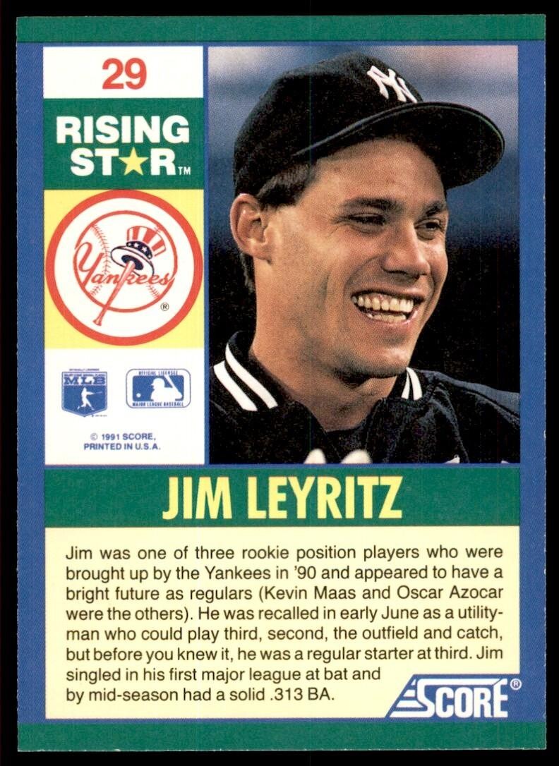 1991 SCORE 100 RISING STARS JIM LEYRITZ . NEW YORK YANKEES #29