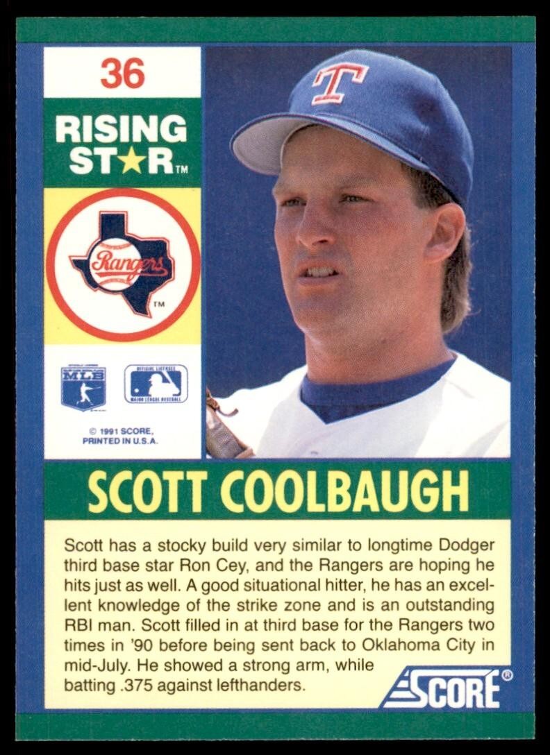 1991 SCORE 100 RISING STARS SCOTT COOLBAUGH . TEXAS RANGERS #36