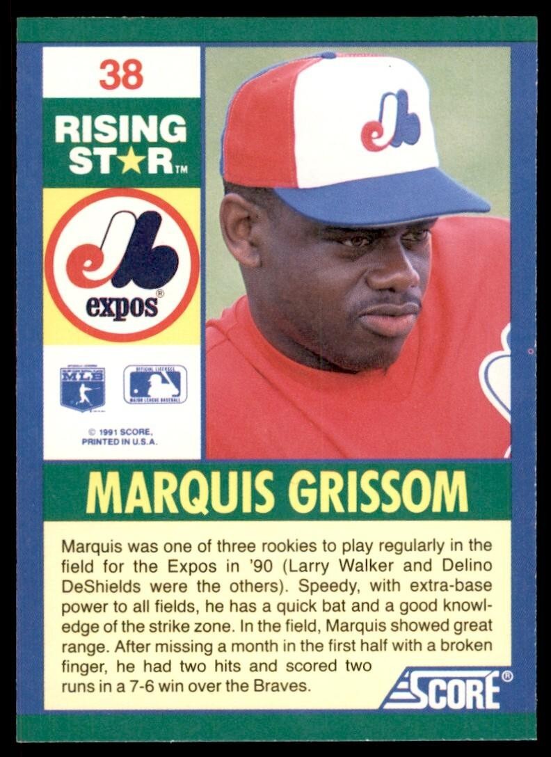 1991 SCORE 100 RISING STARS MARQUIS GRISSOM . MONTREAL EXPOS #38