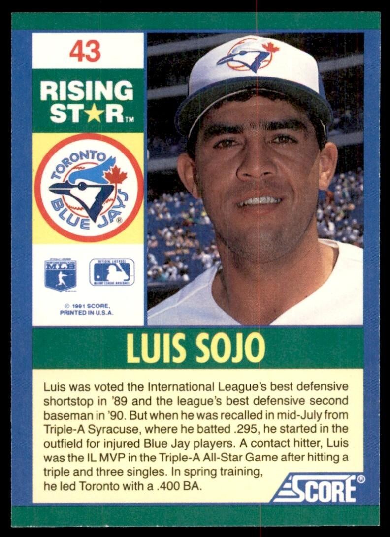 1991 SCORE 100 RISING STARS LUIS SOJO . TORONTO BLUE JAYS #43
