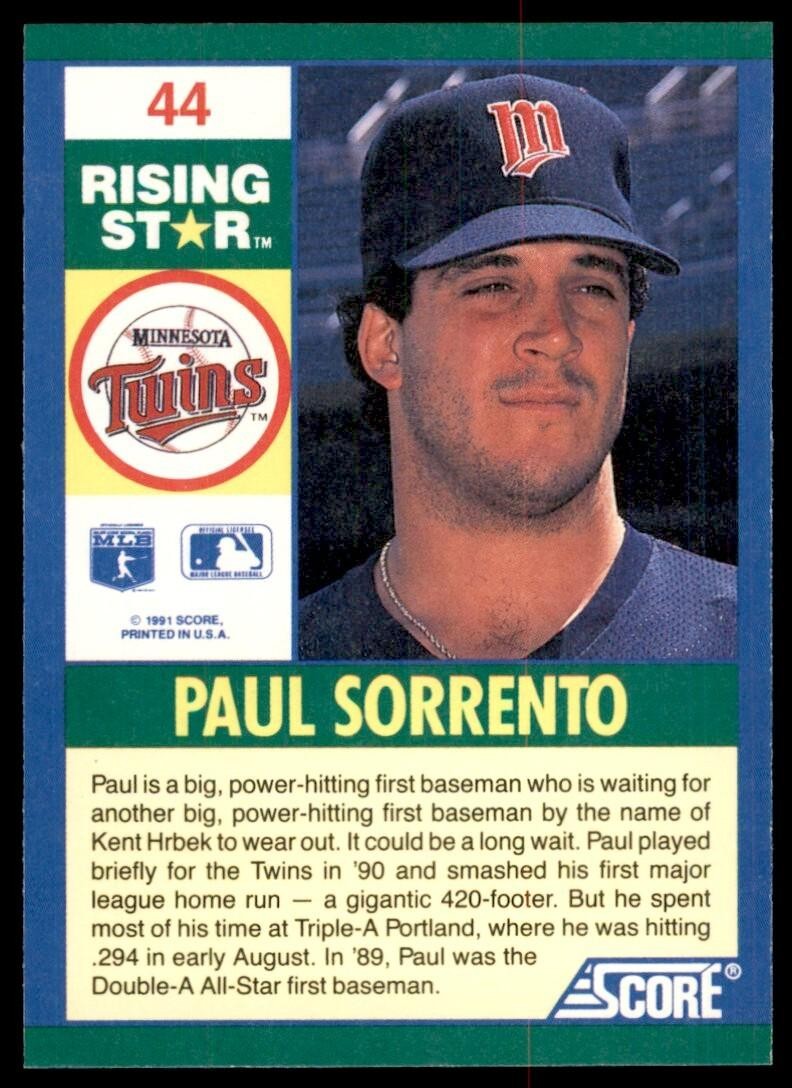 1991 SCORE 100 RISING STARS PAUL SORRENTO . MINNESOTA TWINS #44