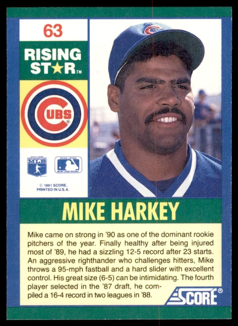 1991 SCORE 100 RISING STARS MIKE HARKEY . CHICAGO CUBS #63