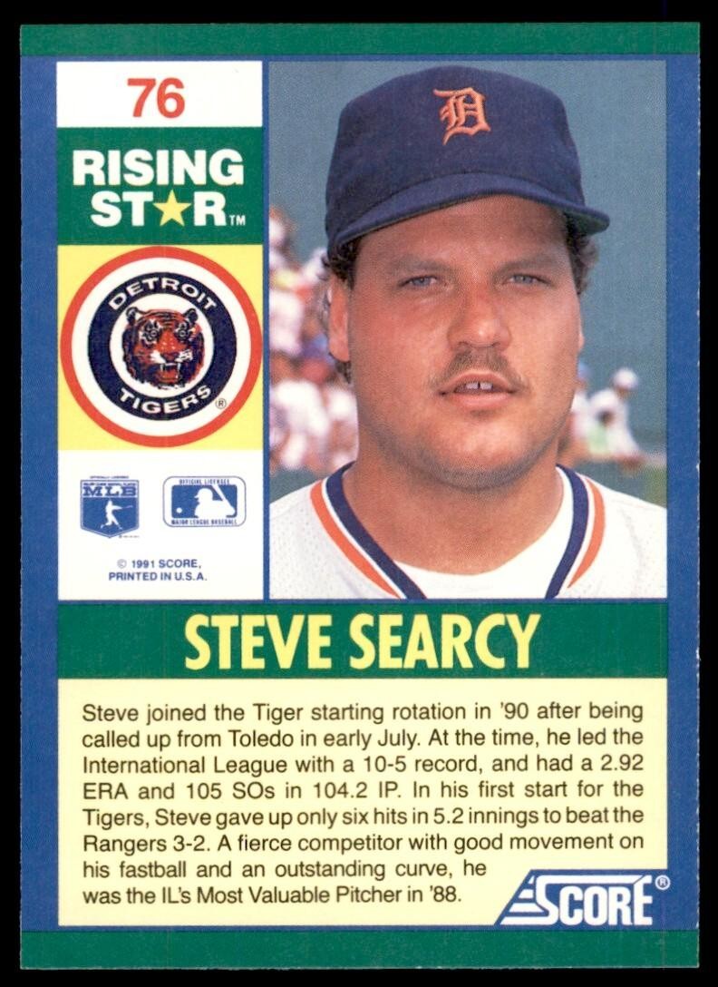 1991 SCORE 100 RISING STARS STEVE SEARCY . DETROIT TIGERS #76