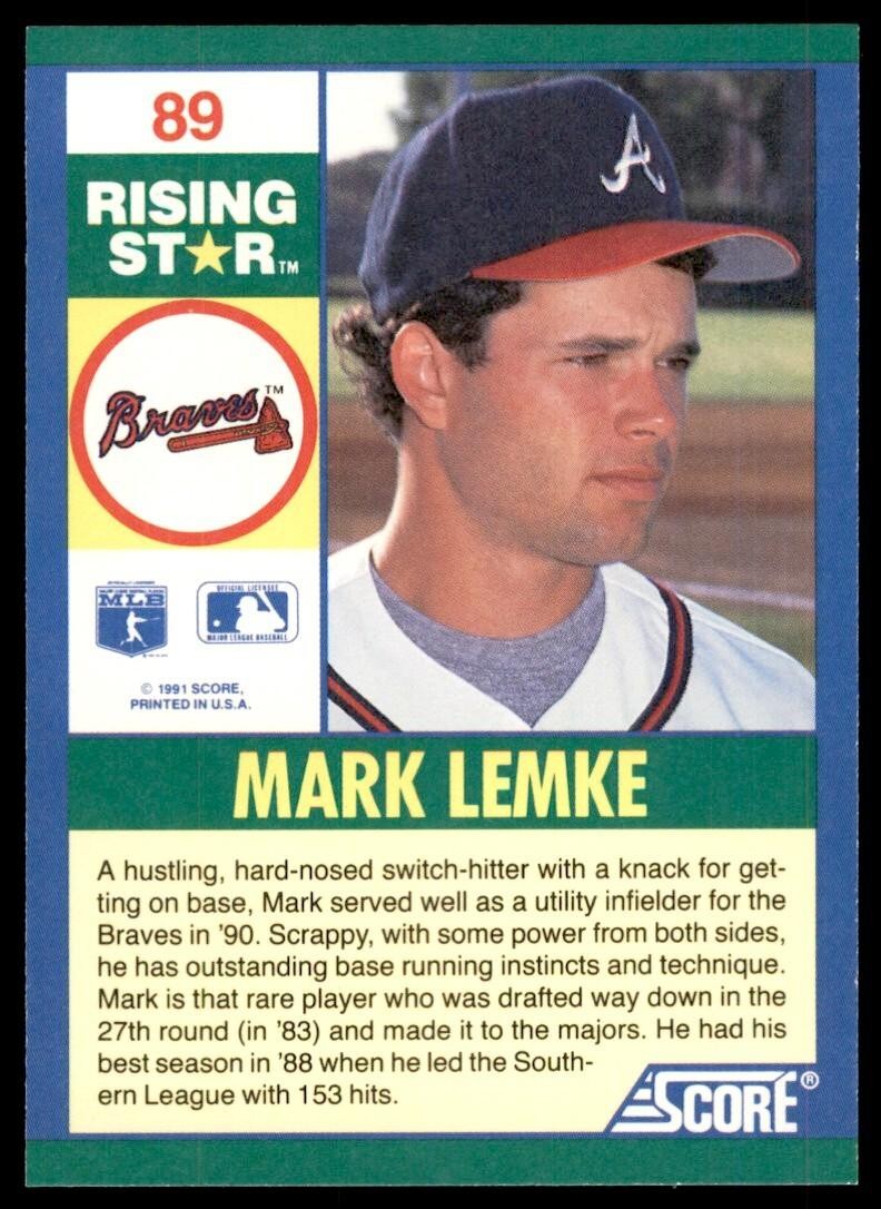 1991 SCORE 100 RISING STARS MARK LEMKE . ATLANTA BRAVES #89