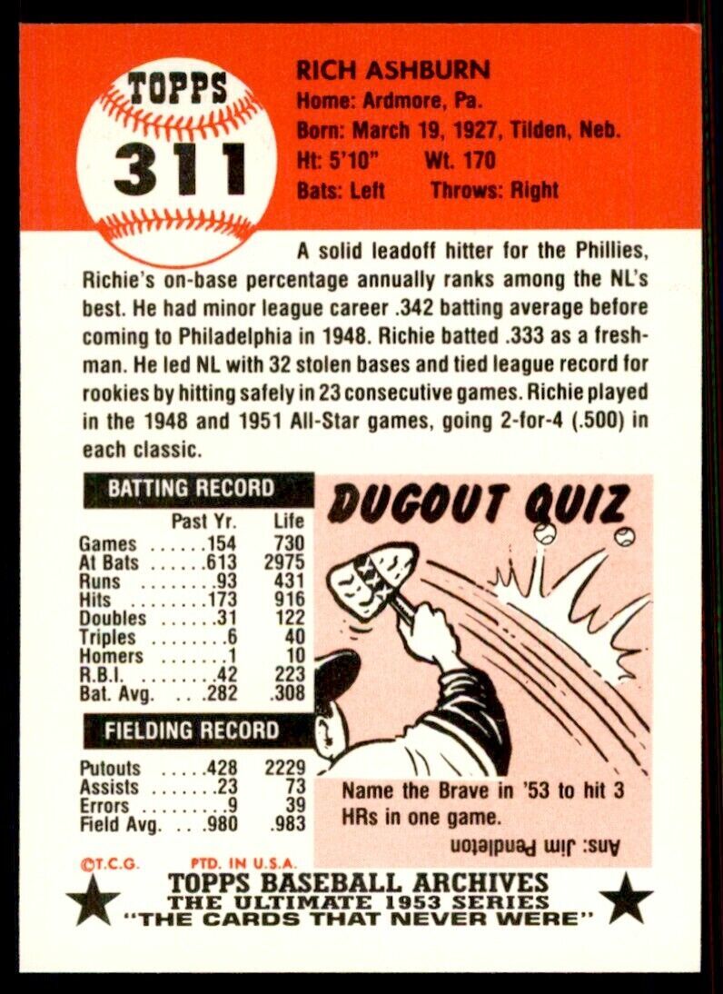 1991 TOPPS ARCHIVES 1953 RICHIE ASHBURN . PHILADELPHIA PHILLIES #311