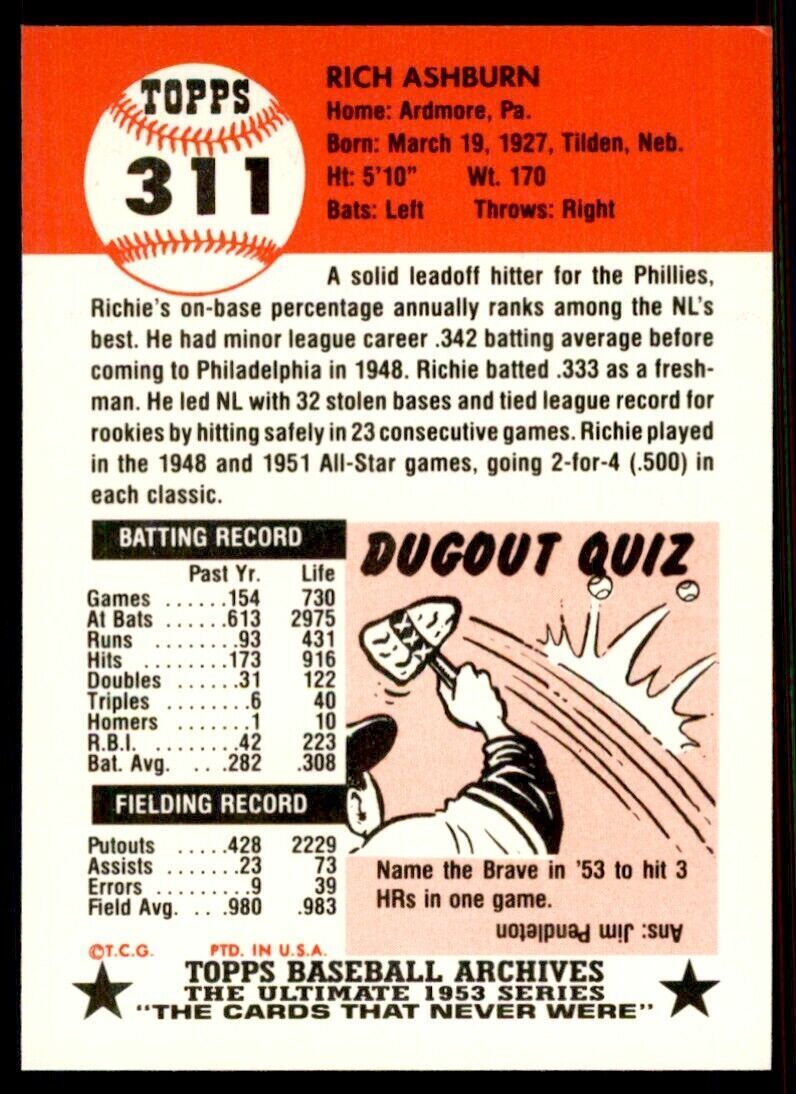 1991 TOPPS ARCHIVES 1953 RICHIE ASHBURN . PHILADELPHIA PHILLIES #311