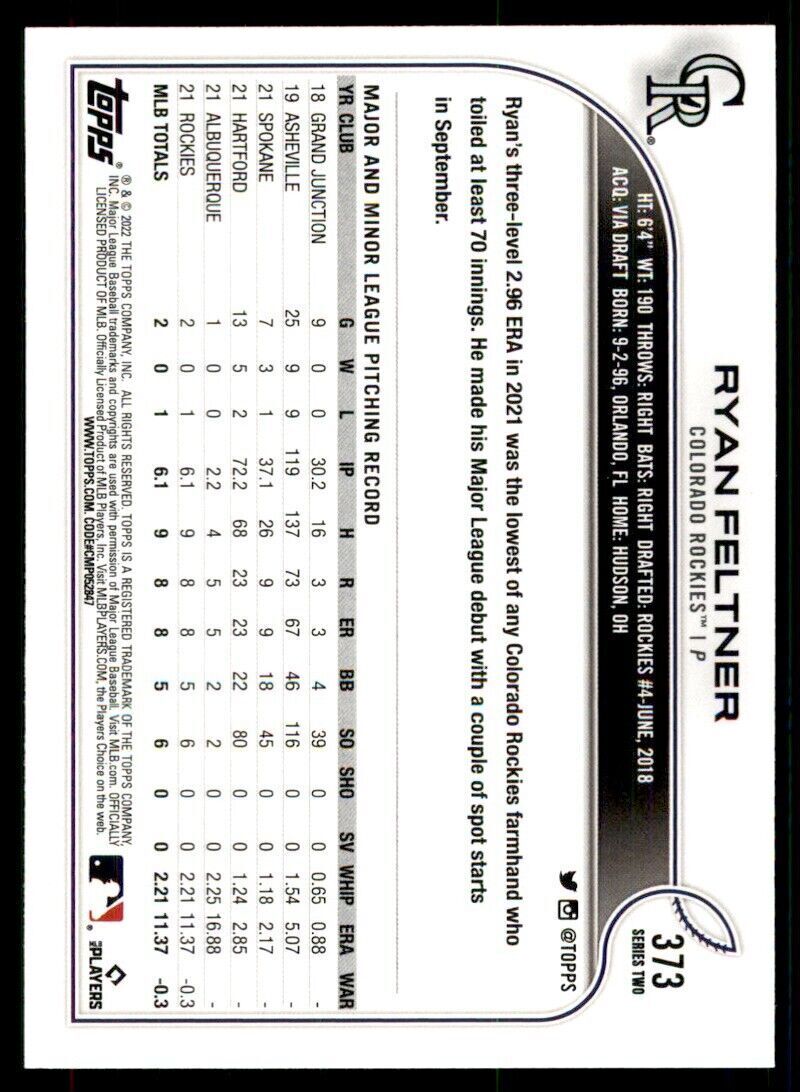2022 TOPPS,. RYAN FELTNER COLORADO ROCKIES #373