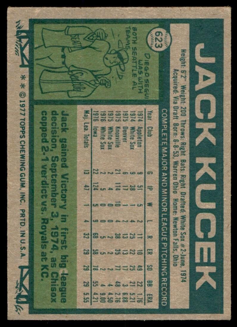 1977 TOPPS JACK KUCEK. CHICAGO WHITE SOX #623