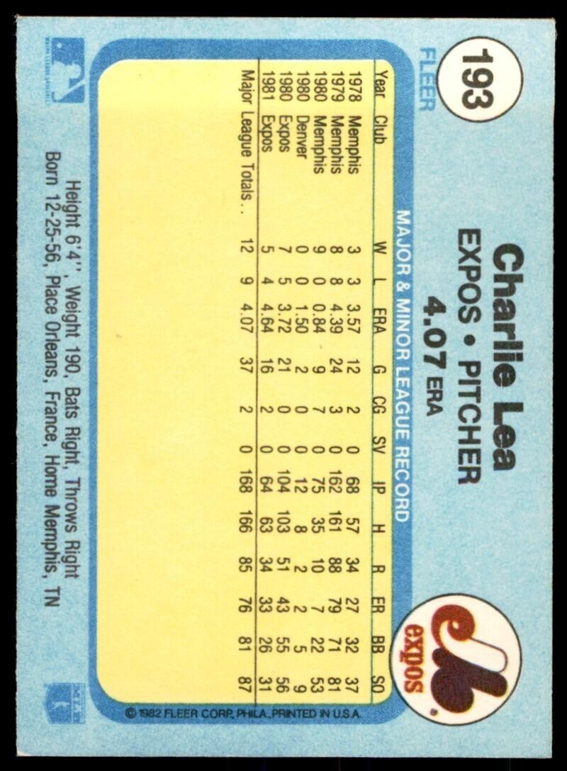1982 FLEER CHARLIE LEA MONTREAL EXPOS #193