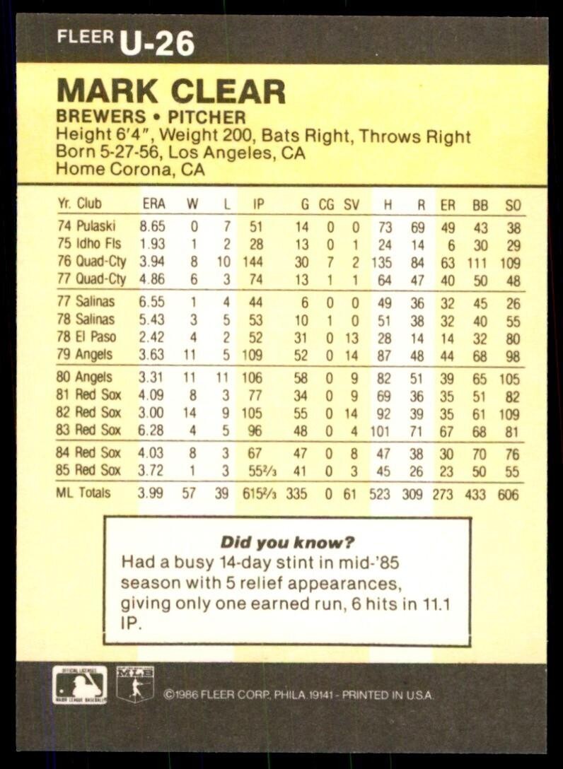 1986 FLEER UPDATE MARK CLEAR MILWAUKEE BREWERS #U-26