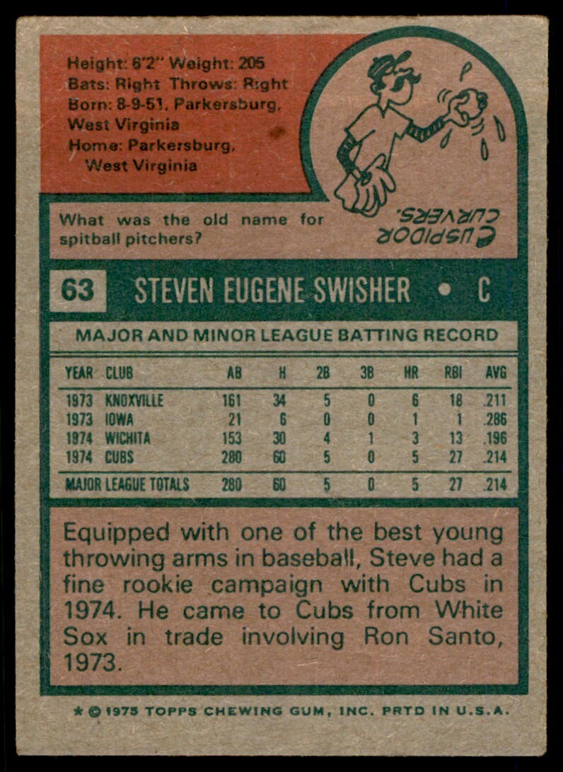 1975 TOPPS STEVE SWISHER CHICAGO CUBS #63 (T101)