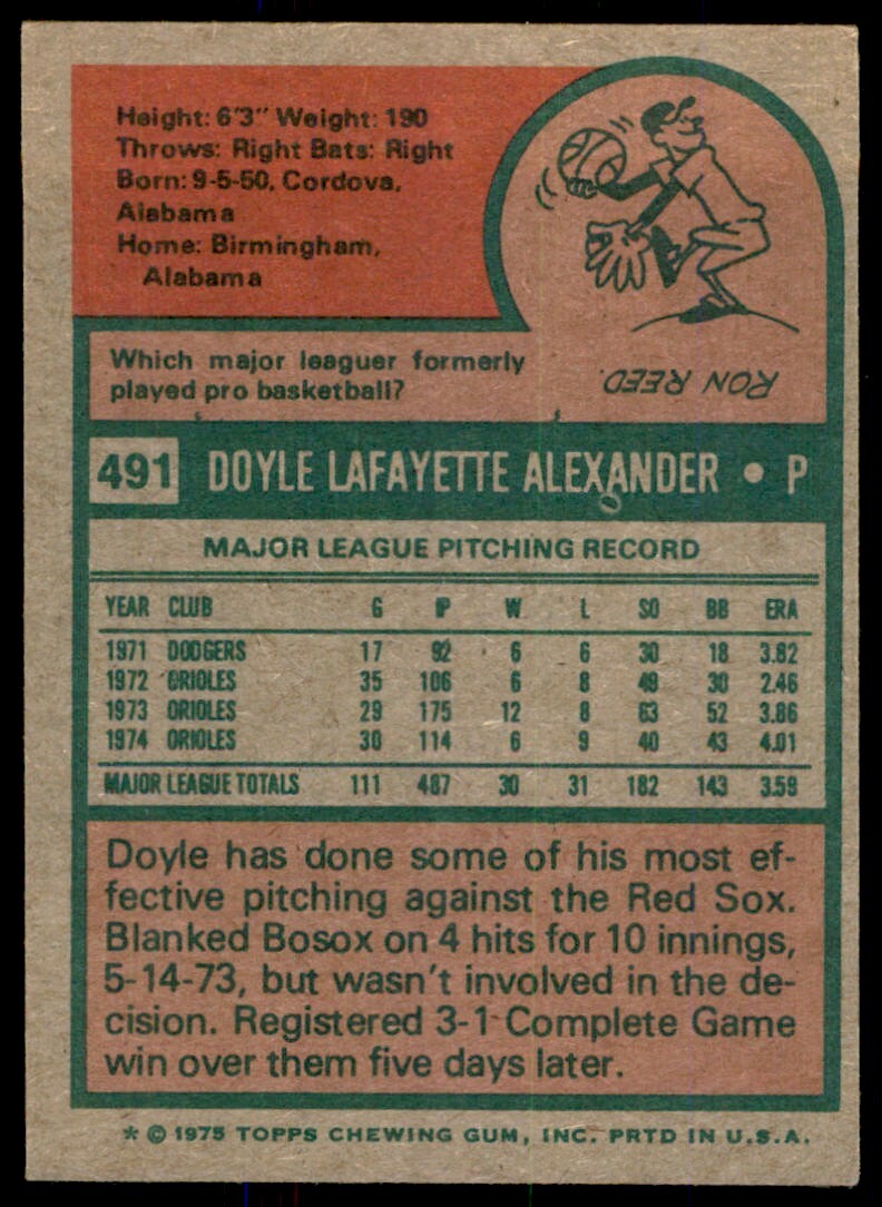 1975 TOPPS DOYLE ALEXANDER BALTIMORE ORIOLES #491 (T101)