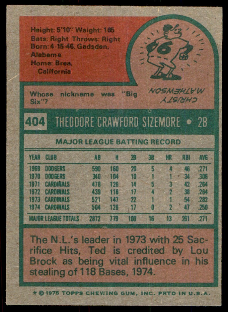 1975 TOPPS TED SIZEMORE ST. LOUIS CARDINALS #404