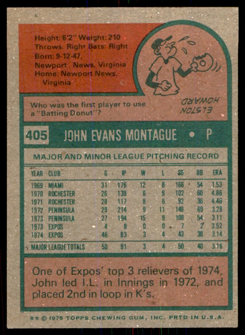 1975 TOPPS JOHN MONTAGUE. MONTREAL EXPOS #405 (T102)