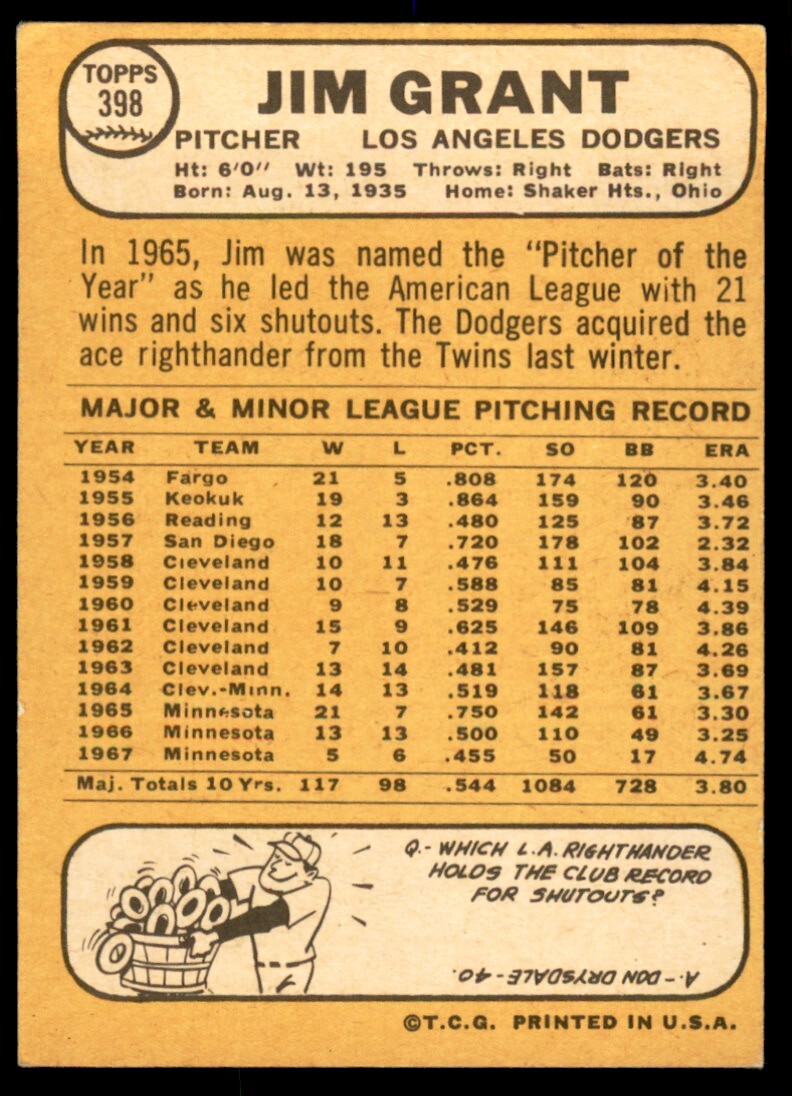 1968 TOPPS JIM GRANT DODGERS #398